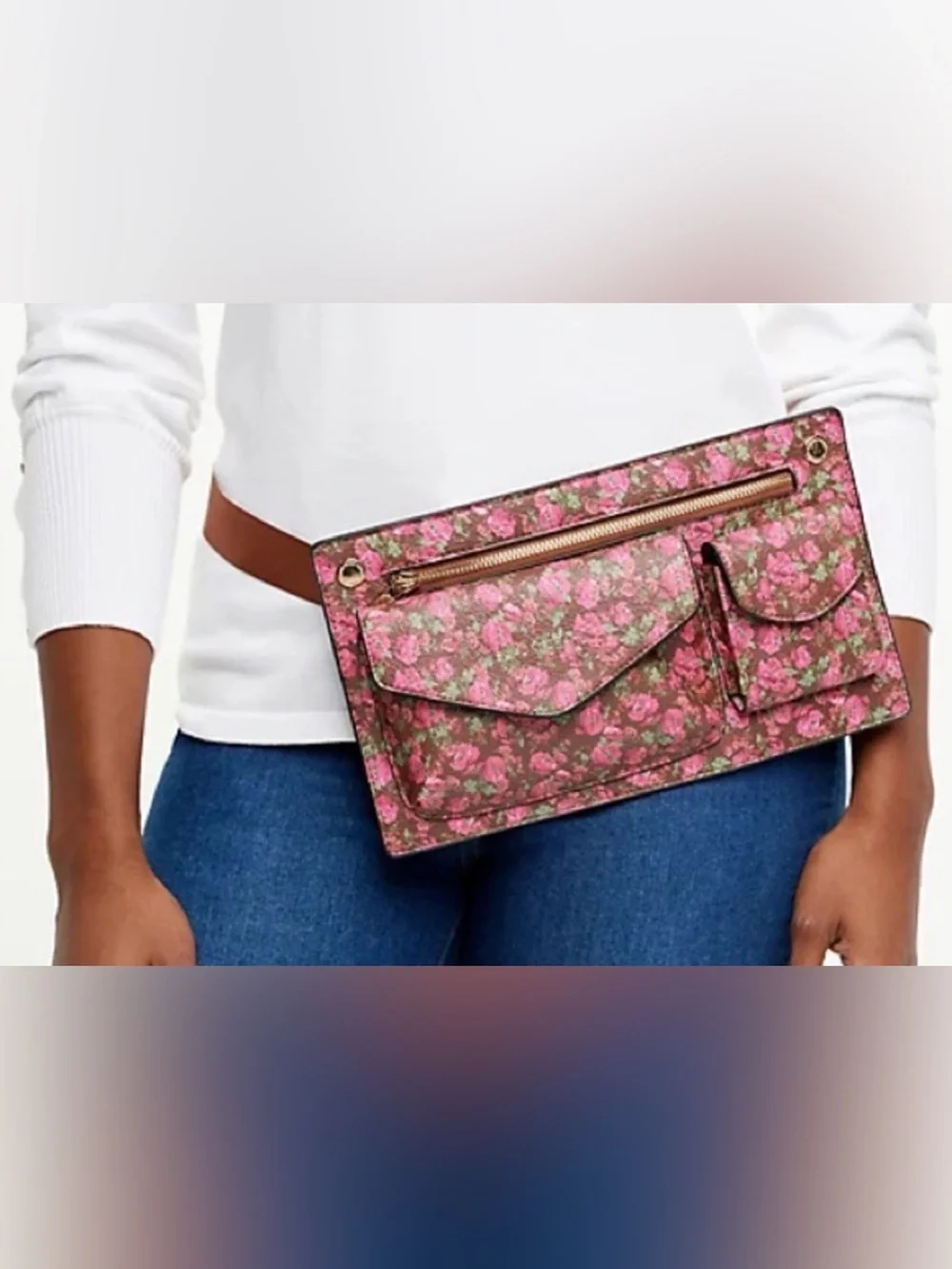 Isaac Mizrahi Brown Tote with Pink Floral Front Pockets